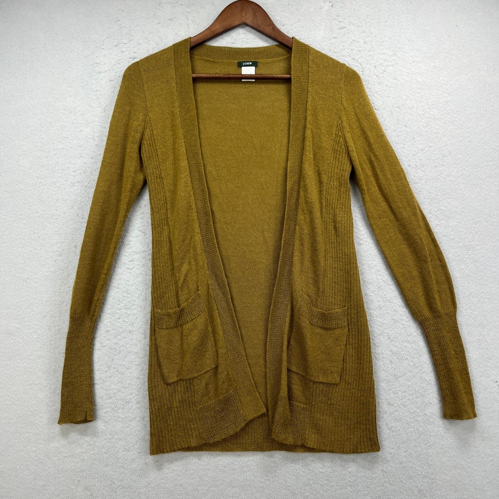 J.Crew Cardigan Sweater Women XS Gold Alpaca Merino Wool Open Front Quiet Luxury